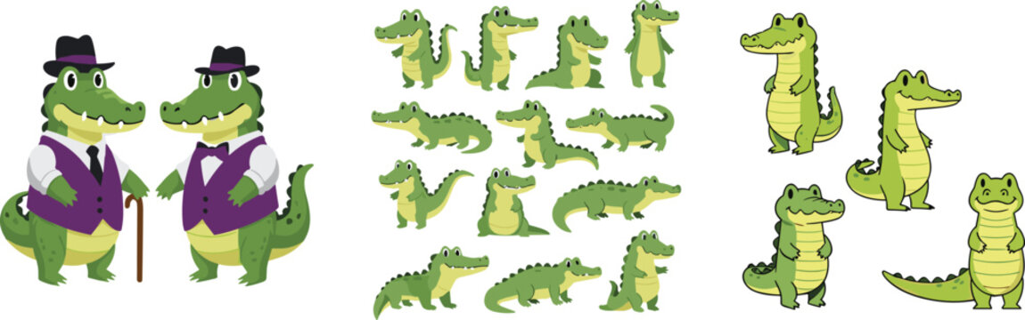 Cute crocodile characters collection with different poses and outfits, cartoon alligator animals set, funny reptile vector illustration isolated on white background