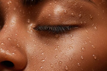 Fototapeta premium Close-up of glowing skin with water droplets, fresh and radiant complexion, natural skincare concept, spa treatment or post-facial session, healthy beauty routine