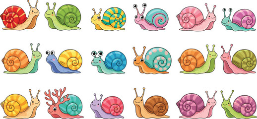Cute colorful snail collection with various shell patterns and expressions, cartoon garden creatures set, playful vector illustration isolated on white background © MdNazmul