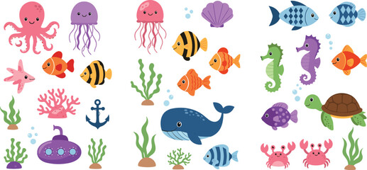 Obraz premium Cute ocean animals collection with fish, octopus, jellyfish, seahorse, turtle and whale, colorful marine life cartoon vector illustration isolated on white background