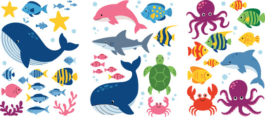 Cute ocean animals collection with whale, dolphin, shark, fish, octopus and turtle, colorful marine life cartoon vector illustration isolated on white background © MdNazmul