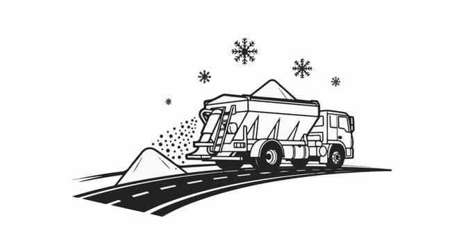 Snow-plow truck spreading salt on a road, with snowflakes falling