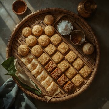 Freshly made traditional rice cakes with date palm jaggery and grated coconut on bamboo tray