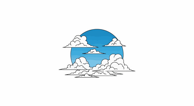 Stylized clouds and a blue circular sky background with outlines