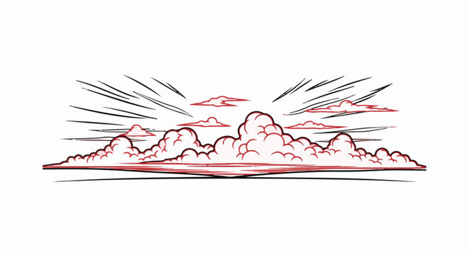 Stylized clouds rendered in a graphic style with bold red outlines and radiating lines