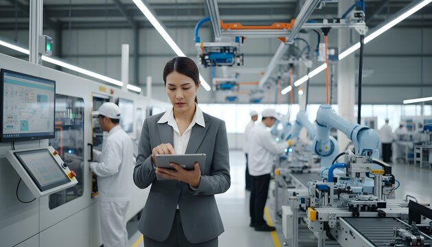 A woman manager uses a tablet to oversee ope ns in a modern automated factory with robotic arms on an assembly line