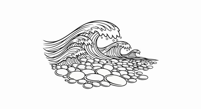 Stylized crashing waves depicted in black and white ink, with white foam accents