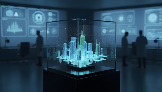 Futuristic holographic city model displayed in a high tech research laboratory with scientists and data screens