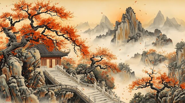 Autumn Chinese Landscape Ink Painting