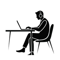 Fototapeta premium Man working on laptop with headphones. Remote work and online study silhouette vector illustration. Isolated on transparent background