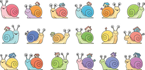Cute snail characters with colorful shells and tiny houses, whimsical cartoon garden creatures collection, playful vector illustration isolated on white background © MdNazmul
