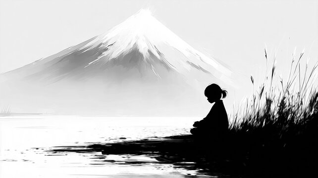 Monochromatic composition with a child silhouette sitting on the edge of a lake with a mountain in the background under diffuse mist.