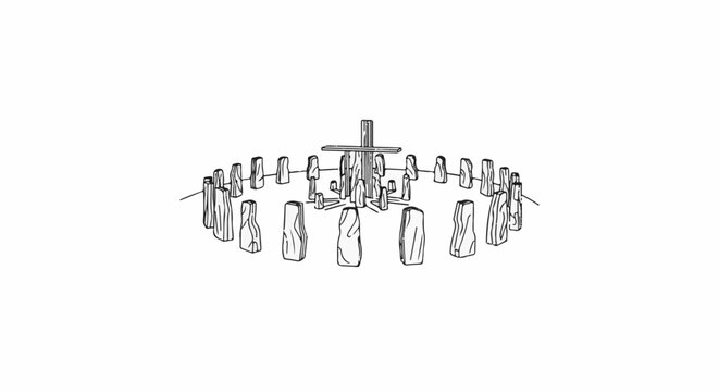 Sketch of ancient stone circle structure with central altar