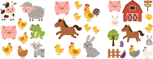 Fototapeta premium Farm animals collection with cow, pig, chicken, horse, sheep and barn, cute cartoon countryside vector illustration isolated on white background