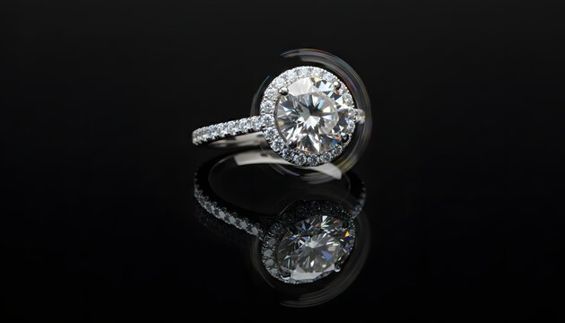 Exquisite diamond engagement ring with a halo setting on a black reflective surface showcasing its brilliance
