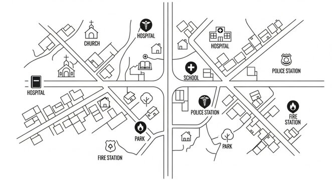Hand drawn map of a small town intersection with various buildings.