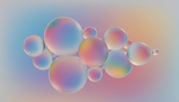 Iridescent spheres and bubbles float against a soft pastel gradient background reflecting light and color in a fluid composition