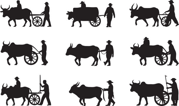 Bullock Cart Farming Silhouette Set with Farmers and Oxen Pulling Traditional Carts, Rural Agriculture Lifestyle and Village Transport Vector Collection
