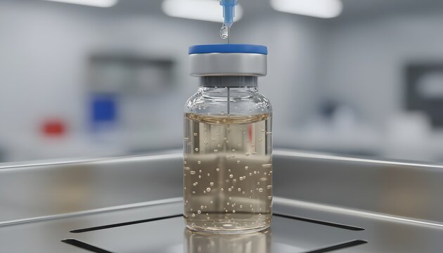 A close up view of a vaccine vial being filled with liquid by a syringe in a sterile laboratory