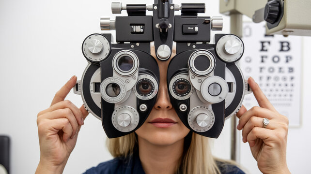 Eye doctor testing vision with phoropter equipment, patient looking through lenses, eye exam room, optometry service.