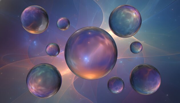 Abstract luminous spheres with swirling cosmic colors float within an ethereal glowing nebula