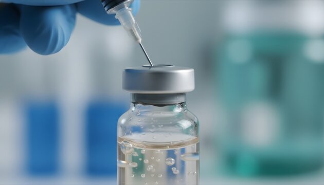 A gloved hand holds a syringe preparing to inject liquid into a medical vial in a laboratory setting
