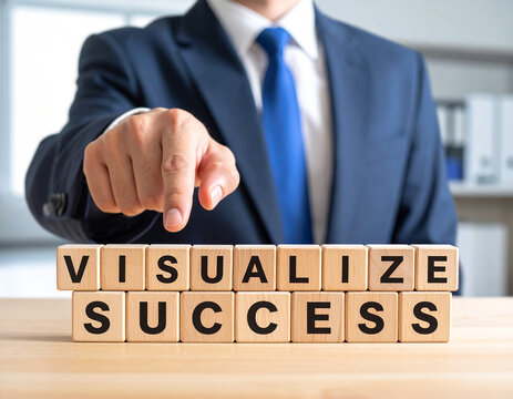 Visualize Success - Geschäftsmann zeigt auf den Text "Visualize Success"