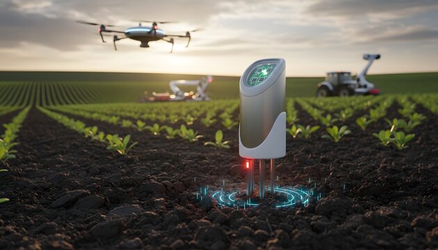 Smart sensor and drone operating in a sunlit field of young crops symbolizing advanced agricultural technology and precision farming