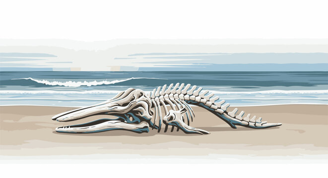 Skeletal remains of a marine creature lie on a sandy beach with ocean waves in background
