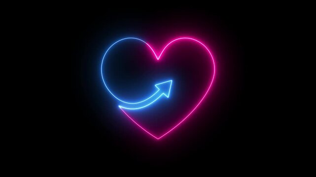 Neon icon of heart with arrow isolated on black background. Love, St. Valentine Day, lovestruck concep