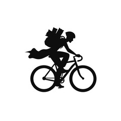Obraz premium Black silhouette of delivery person riding bicycle, courier on bike, messenger with bag, urban transport icon