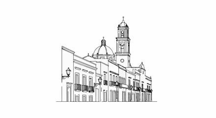 Obraz premium Sketch of historic buildings with a prominent church dome and bell tower
