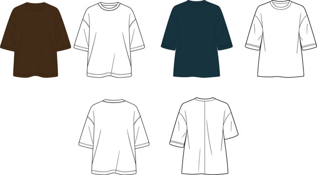 Relaxed fit t-shirt apparel illustration set, short sleeve oversized tee with loose drape, front and back views &ndash; vector illustration