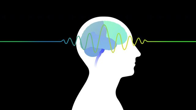 Brain wave signal inside human head. Male head silhouette with moving waveform line. Neurology concept, mind activity monitoring, neuroscience scan. Transparent background on Alpha Channel ProRes 4444