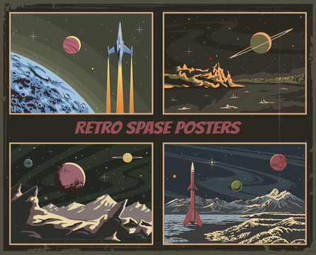 Retro Space Poster Set. Sci-Fi Illustrations with Rockets, Alien Planet Landscapes, Cosmic Panoramas. Retro Future Style Vector Posters