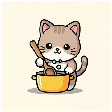 Cute cartoon cat cooking with spoon.