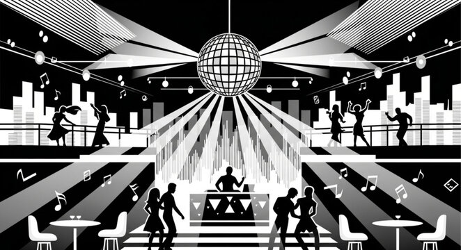 Nightclub Dance Floor Scene with Silhouettes and Disco Ball.
