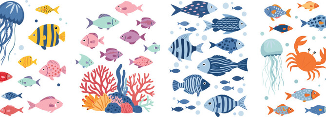 Ocean fish and coral reef collection with jellyfish, crab and marine life elements, colorful underwater animals cartoon vector illustration isolated on white background © MdNazmul