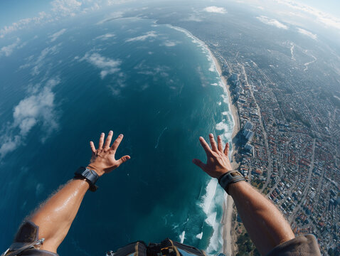 Skydiver freefalling high above ocean and city coastline