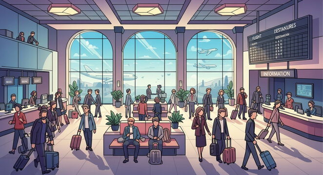 Modern Airport Terminal Interior with Passengers and Large Windows.