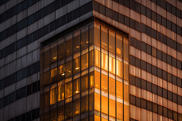 Obraz premium Urban Sunset Reflection on Glass Facade Downtown City Architectural Photography Evening Light Close-Up View Modern Design