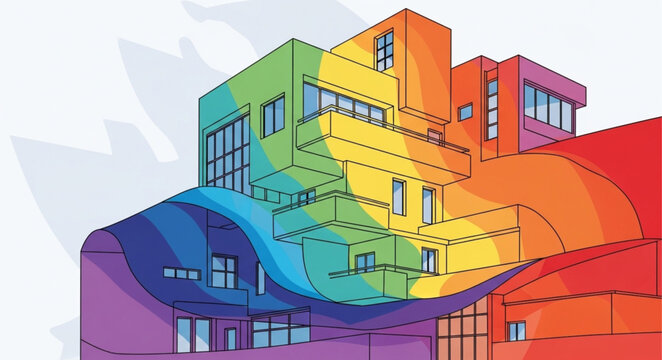 Colorful Modern Building with Multiple Levels and Stairs.