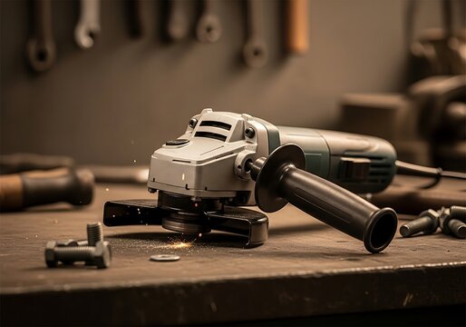 Angle grinder on a workbench with tools around it