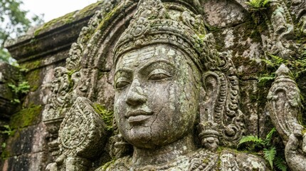 Obraz premium Ancient stone sculpture of Hindu god in mossy jungle temple