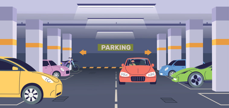 Underground car park. Vehicle parking, garage indoor mall basement reserved parking lots parked cars space with column city road urban building entrance classy vector illustration