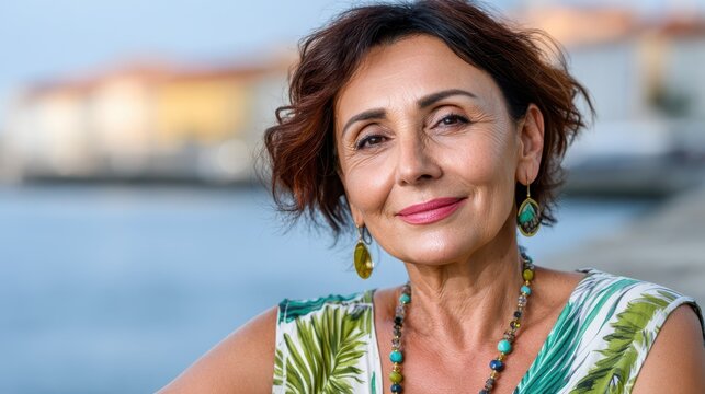Mature woman with short brown hair smiles warmly, wearing a patterned tropical top and vibrant beaded jewelry. She stands by blue water with blurred buildings in the background during a bright day