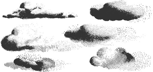 Set of vintage halftone stippled clouds vector illustration in black and white retro comic book style design. © Artful