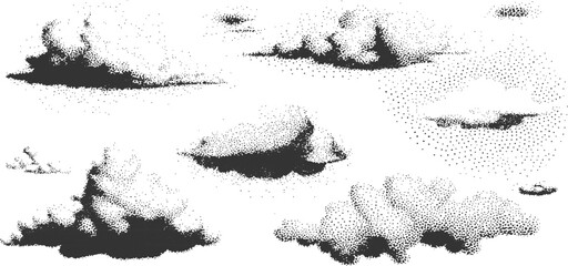 Set of vintage halftone stippled clouds vector illustration in black and white retro comic book style design. © Artful