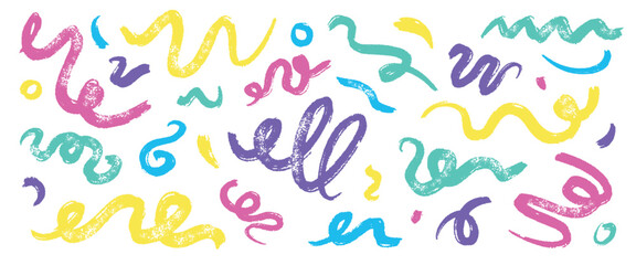 Obraz premium Crayon squiggles. Curly line, colorful squiggle pencil squiggly brush stroke curve wave bold thick rough abstract texture hand drawn doodle scribble qualitative vector illustration