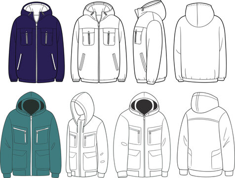Winter hooded jacket mockup set, front back and side views, insulated parka design with pockets, outdoor apparel template &ndash; vector illustration